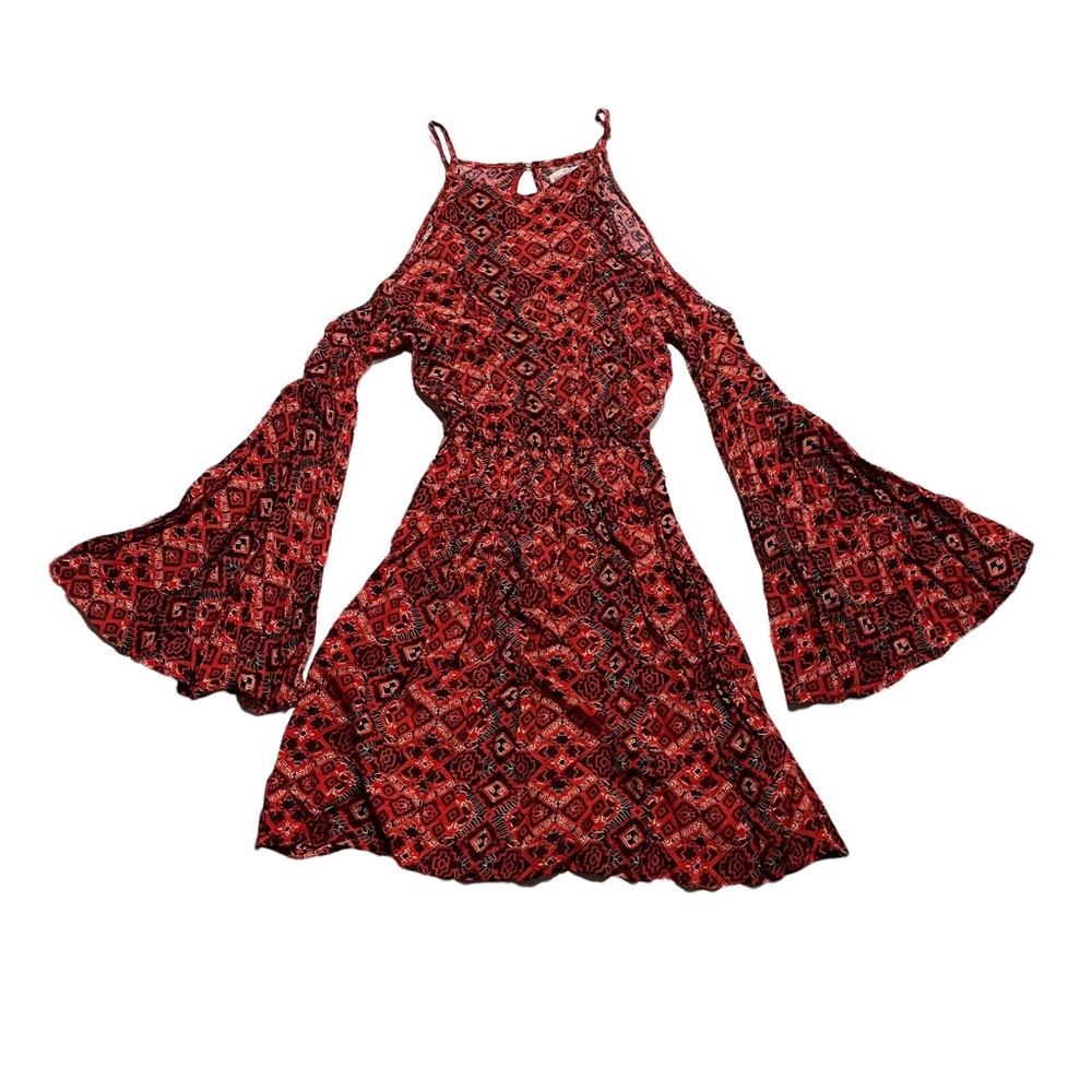 Abercrombie & Fitch Red Patterned Boho Cutout Sleeve Shoulder Boho Blouse XS
